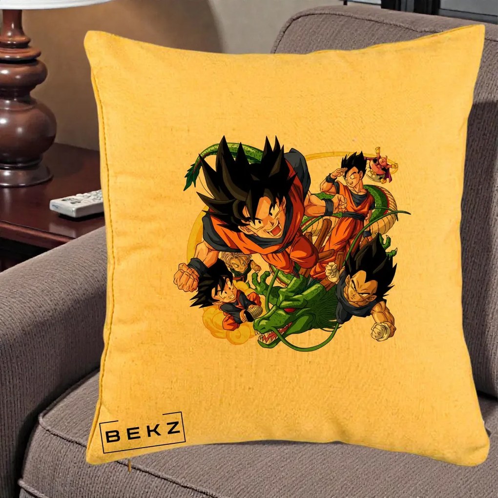 Perna Personalizata Dragon Ball Goku si Shenron Actiune, 40x40 cm, Galben, Husa Detasabila, Perna Inclusa, BEKZ®