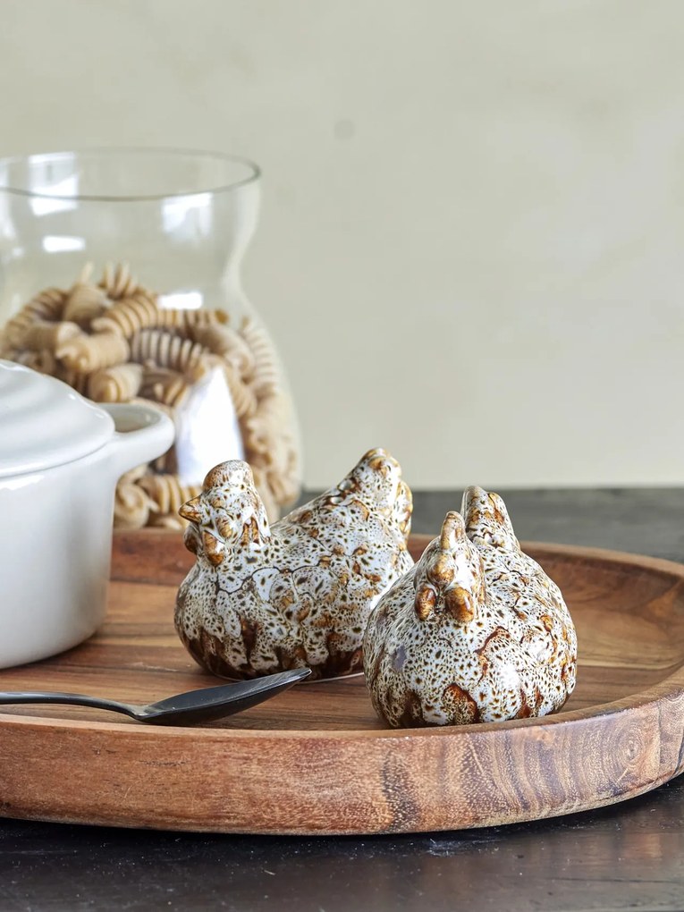 Set solnita sare si piper in forma de gainuse, maro, din ceramica glazurata, Chicky
