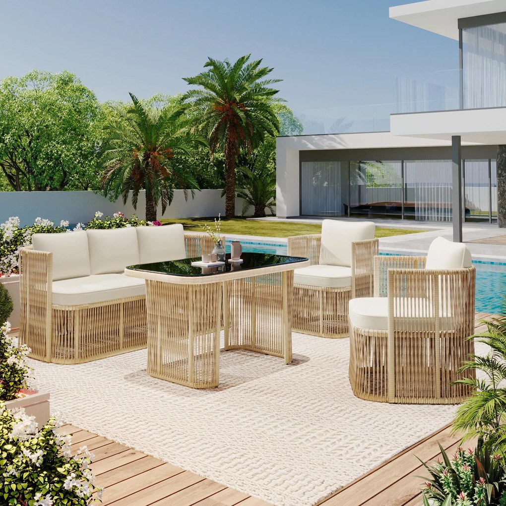 Set mobilier de grădină din PE‑rattan, 5 piese, canapea 3 locuri, 2 fotolii și masă cu blat din sticlă, Bej+Negru+Alb