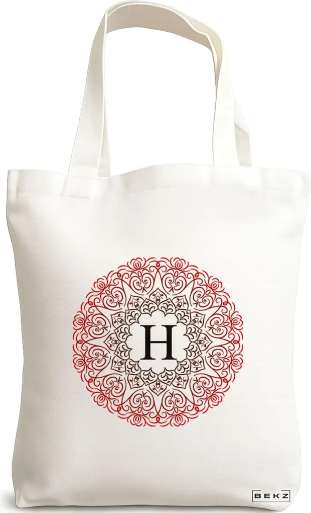 Sacosa de Panza pentru Cumparaturi, Geanta Tote, Cu litera H si Mandala, 38x34.5 cm, Alba, BEKZ®