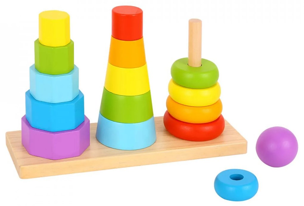 Jucarie educativa sortatoare din lemn masiv NOVOKIDS™ Wooden Towers, 3 in 1, Cu forme geometrice, Materiale Eco, Multicolor