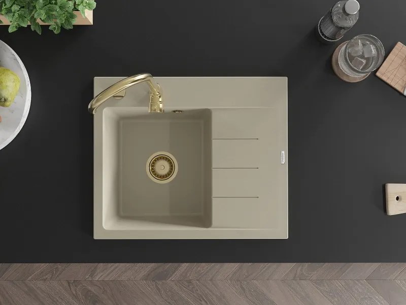 Mexen Ben chiuvetă de granit cu 1 compartiment cu scurgător, stânga 600 x 500 mm, bej, sifon auriu - 6522605000-69-G