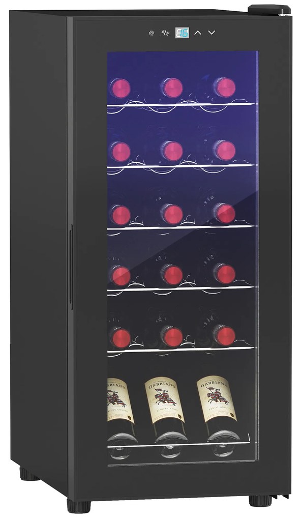 HOMCOM Frigider pentru Vinuri, Frigider de Vin cu Control al Temperaturii, Ecran Tactil Digital și Lumină LED, 18 Sticle, 34.5x45x78 cm, Negru