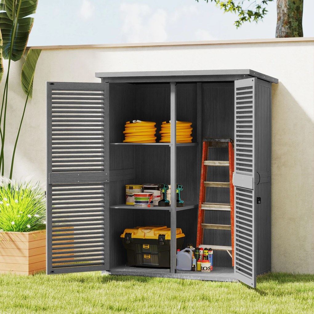 Outsunny Dulap de Grădină 0,83 m² 127x65x168 cm cu 2 Uși tip Oblon 2 Rafturi 2 Mânere și Acoperiș Impermeabil Gri | Aosom Romania
