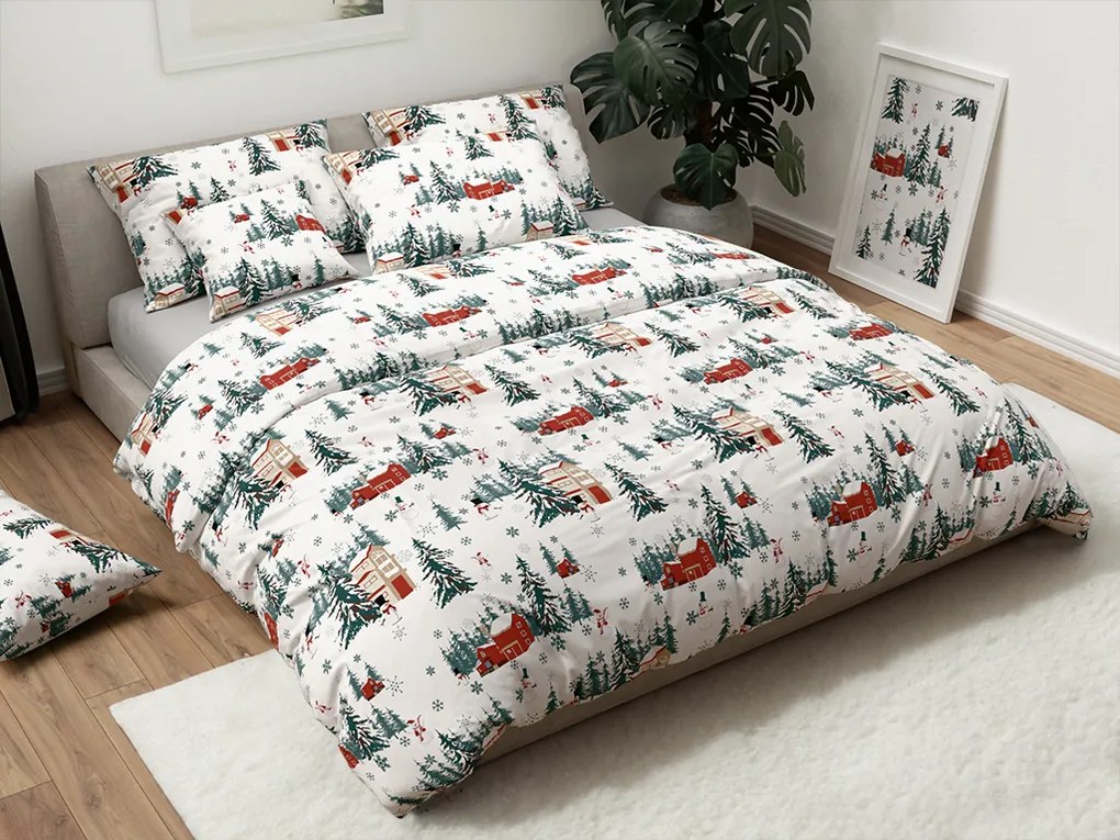 Lenjerie de pat din amestec de bumbac SNOWY HOUSES POLY albă Dimensiune lenjerie de pat: 2 buc 70 x 90 cm | 200 x 220 cm