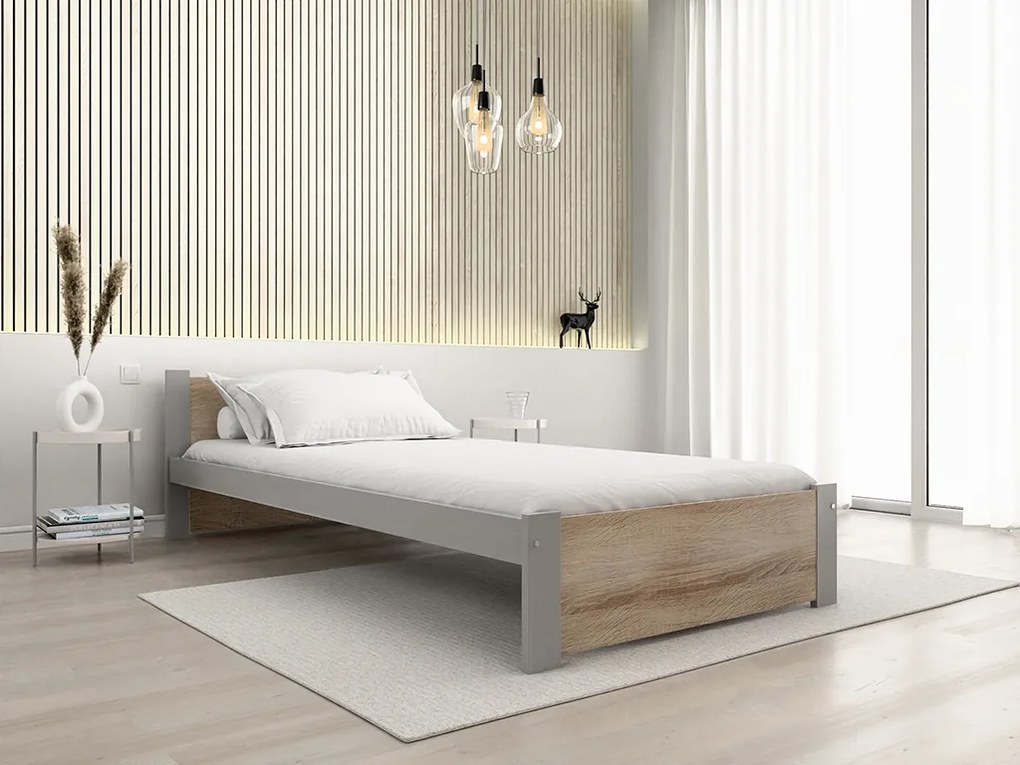 Pat de o persoana IKAROS 90 x 200 cm, stejar sonoma/gri Saltele: Cu saltele Coco Maxi 20 cm, Somiera pat: Cu lamele drepte