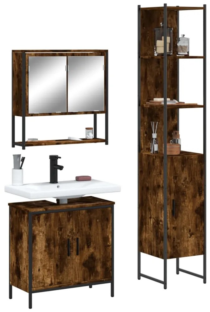 vidaXL Set mobilier de baie, 3 piese, stejar fumuriu, lemn prelucrat