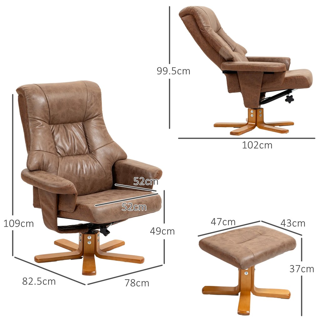 HOMCOM Fotoliu de Relaxare cu Taburet, Rotativ 360°, Înclinabil 135°, Husă Respirabilă, 78 x 82,5 x 109 cm, maro | Aosom Romania