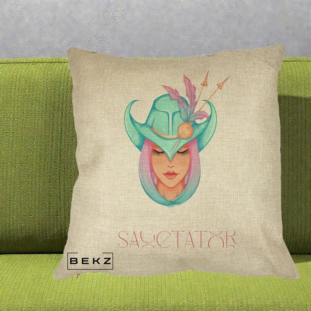 Perna Personalizata Zodiac Sagetator Cowgirl, 40x40 cm, Crem, Husa Detasabila, Perna Inclusa, BEKZ®