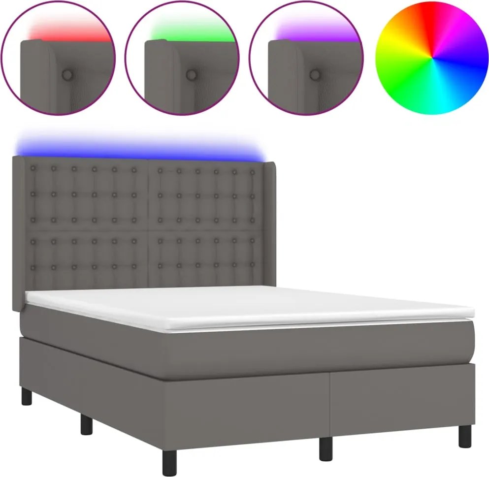 vidaXL Pat cu arcuri, saltea și LED, gri, 140x200 cm, piele eco