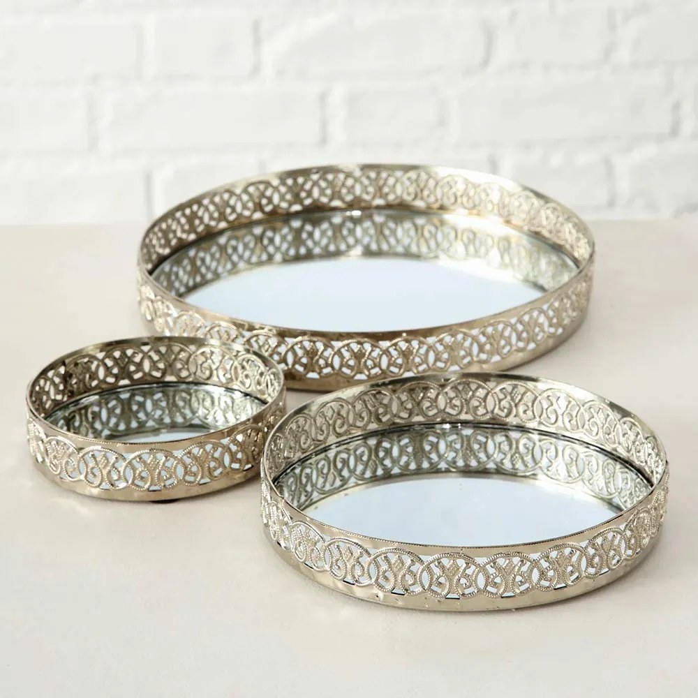Set 3 suporturi lumanari Anahy d 10-20 cm, metal/sticla, argintiu
