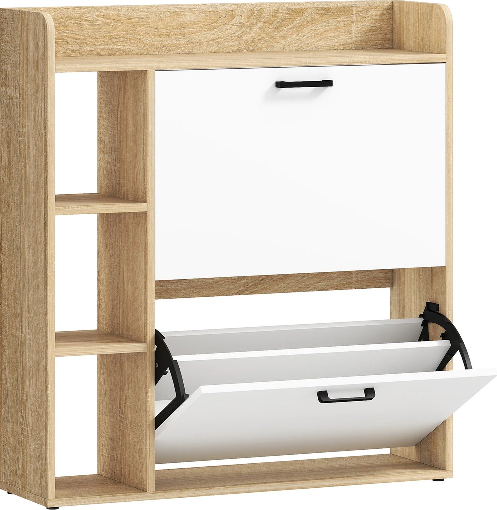 HOMCOM Dulap Slim pentru Pantofi cu 2 Sertare Rabatabile și 3 Compartimente, Capacitate 15 Perechi, 83x24x90,5 cm, Lemn și Alb | Aosom Romania
