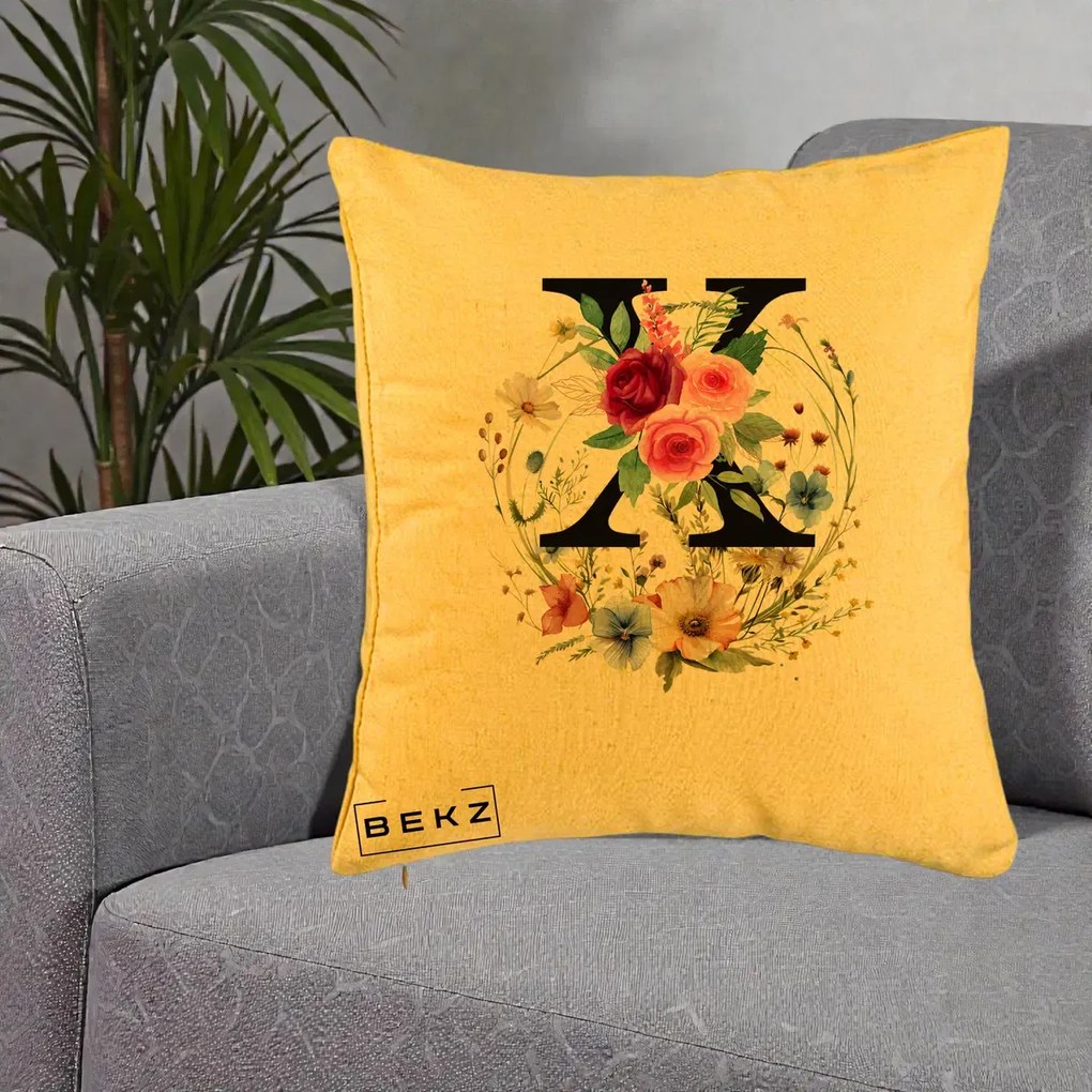 Cadou Personalizat - Perna Personalizata Monograma Florala Litera X cu Coroana, 40x40 cm, Galben, Husa Detasabila, Perna Inclusa, BEKZ®