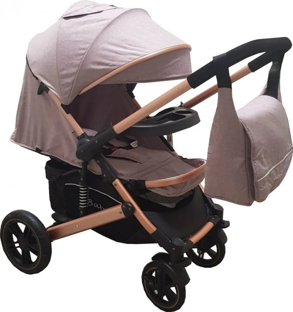 Carucior nou nascuti 2 in 1 BABY CARE™ PRO 512, Cu geanta bebe inclusa, Suspensii, Cadru aluminiu Gold, Plasa insecte, Gri