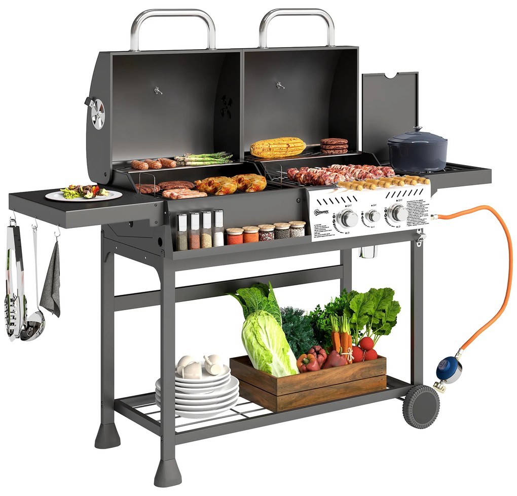 Outsunny Grill Gaz-Cărbune, 3 Arzătoare 7kW, Negru | Aosom Romania