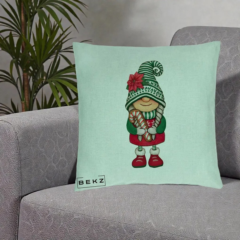 Perna Decorativa Gnom Craciun Verde cu Bomboane si Floare, 40x40 cm, Verde Menta, Husa Detasabila, Perna Inclusa, BEKZ®