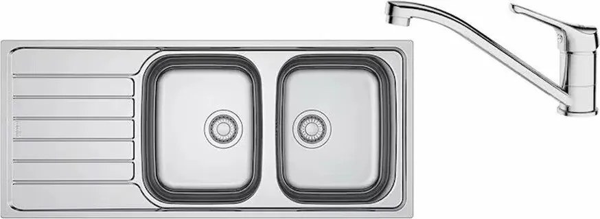 Set chiuveta bucatarie inox Franke Spark 116x50 cm cu 2 cuve si picurator stanga finisaj lucios plus baterie crom