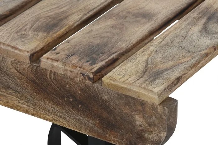 Măsuță de cafea dreptunghiulară din lemn de mango, natur, cu blat din lamele, pe roți, finisaj mat, 32 x 130 x 80 cm, „Rolven” – Ethnic Collections