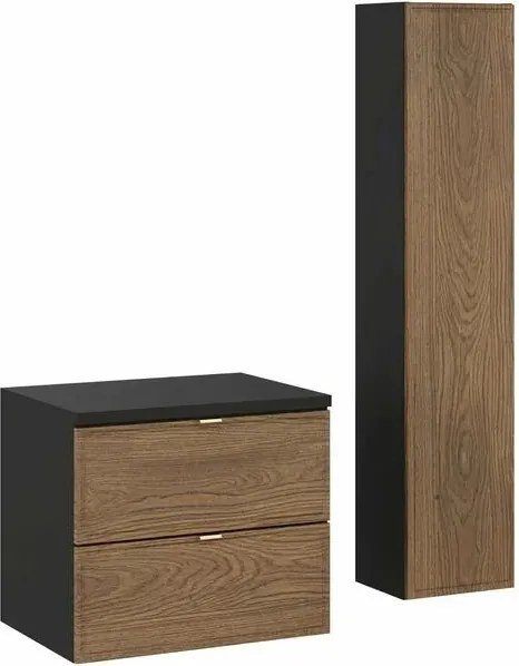 Set dulap baza suspendat 60 cm cu blat si dulap coloana Comad Talia negru mat si stejar Casella
