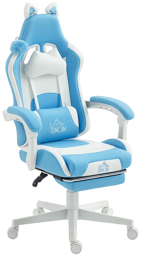 HOMCOM Scaun de gaming reclinabil cu suport pentru picioare și perne, 65x62x124 cm, alb și albastru | Aosom Romania