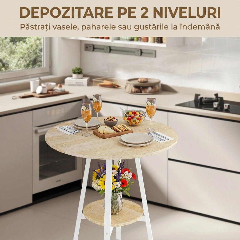 HOMCOM Masă Înaltă Rotundă cu Raft, Masă Modernă pentru Bucătărie sau Dining, PAL, Metal, Lemn Natural și Alb | Aosom Romania