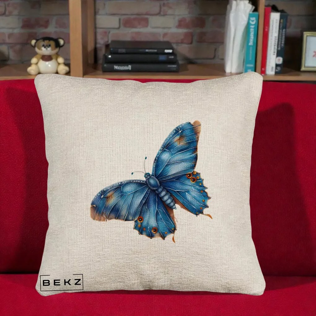 Perna Decorativa Fluture Albastru Satin cu Pete Aurii, 40x40 cm, Bej Canapea, Husa Detasabila, Perna Inclusa, BEKZ®