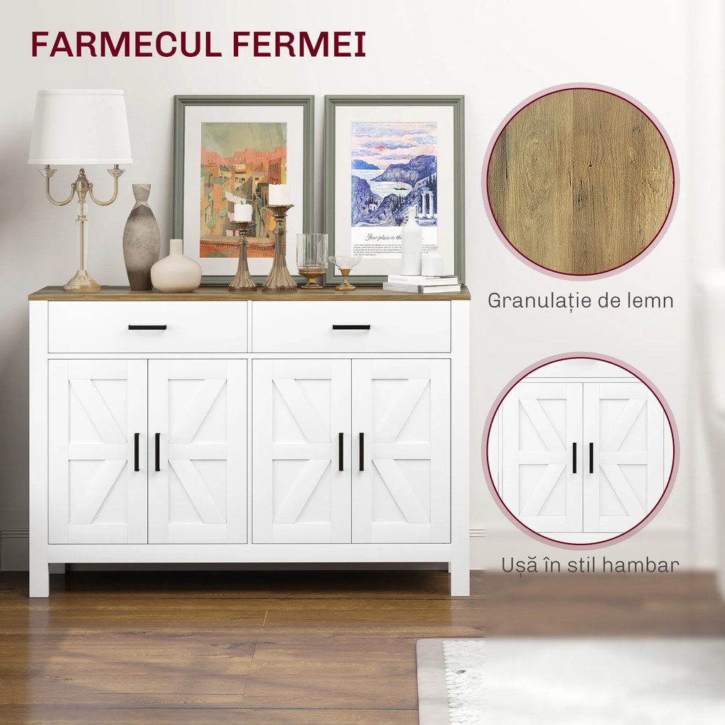 HOMCOM Bufet de Bucătărie cu 2 Sertare și 2 Dulapuri, 120x39,3x82,5 cm, Alb | Aosom Romania