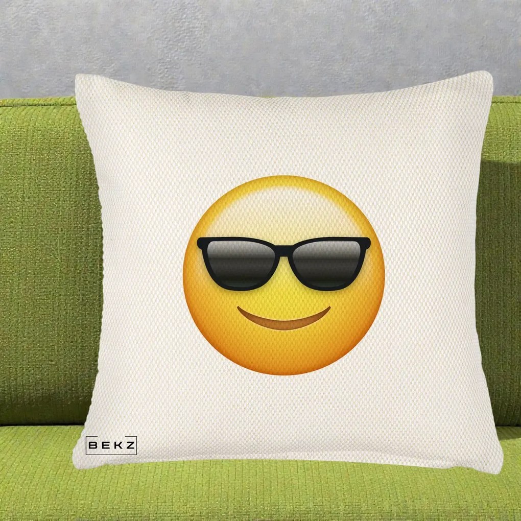 Perna Decorativa Emoji Cool Ochelari, 40x40 cm, Crem Reliefat, Husa Detasabila, Perna Inclusa, BEKZ®