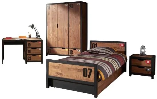 Set Mobilier pentru Cameră Copii ALEX, 5 Piese, Pat 90x200 cm, Pin Masiv și Metal Negru – Vipack