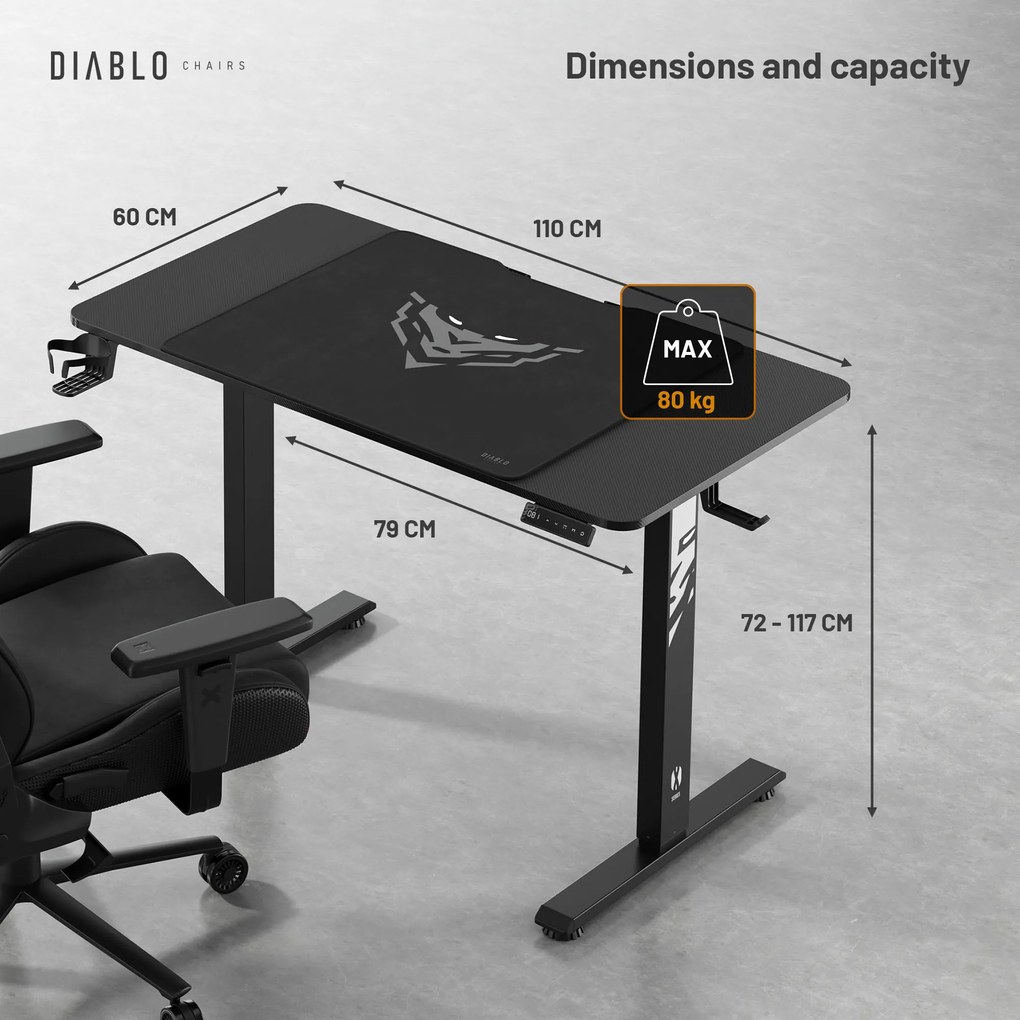 Birou reglabil pe înălțime Diablo X-Tensio 1100 negru