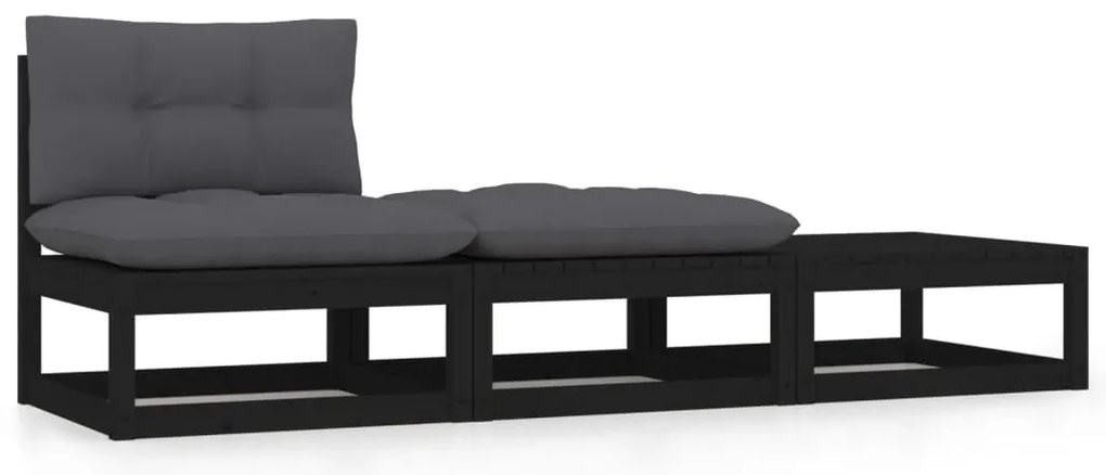 vidaXL Set mobilier grădină cu perne, 3 piese, negru, lemn masiv pin