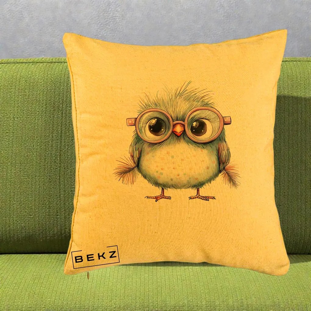 Perna Decorativa Pui Pufos cu Ochelari Roz, 40x40 cm, Galben, Husa Detasabila, Perna Inclusa, BEKZ®