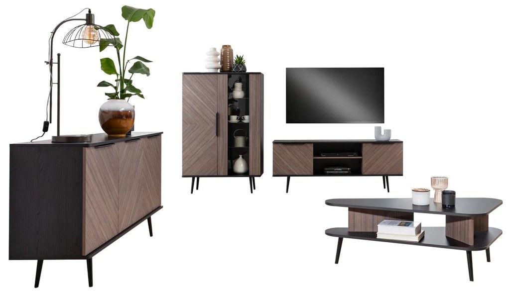 Set camera de zi Providence S116Grafit, Lemn închis la culoare, Părți separate, Cu comodă TV, MDF, PAL laminat, Sticlă călită