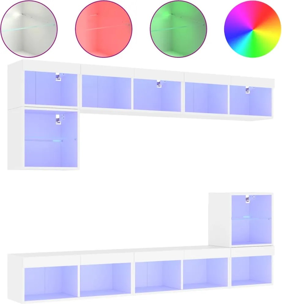 vidaXL Unități de perete TV cu LED-uri, 8 piese, alb, lemn prelucrat