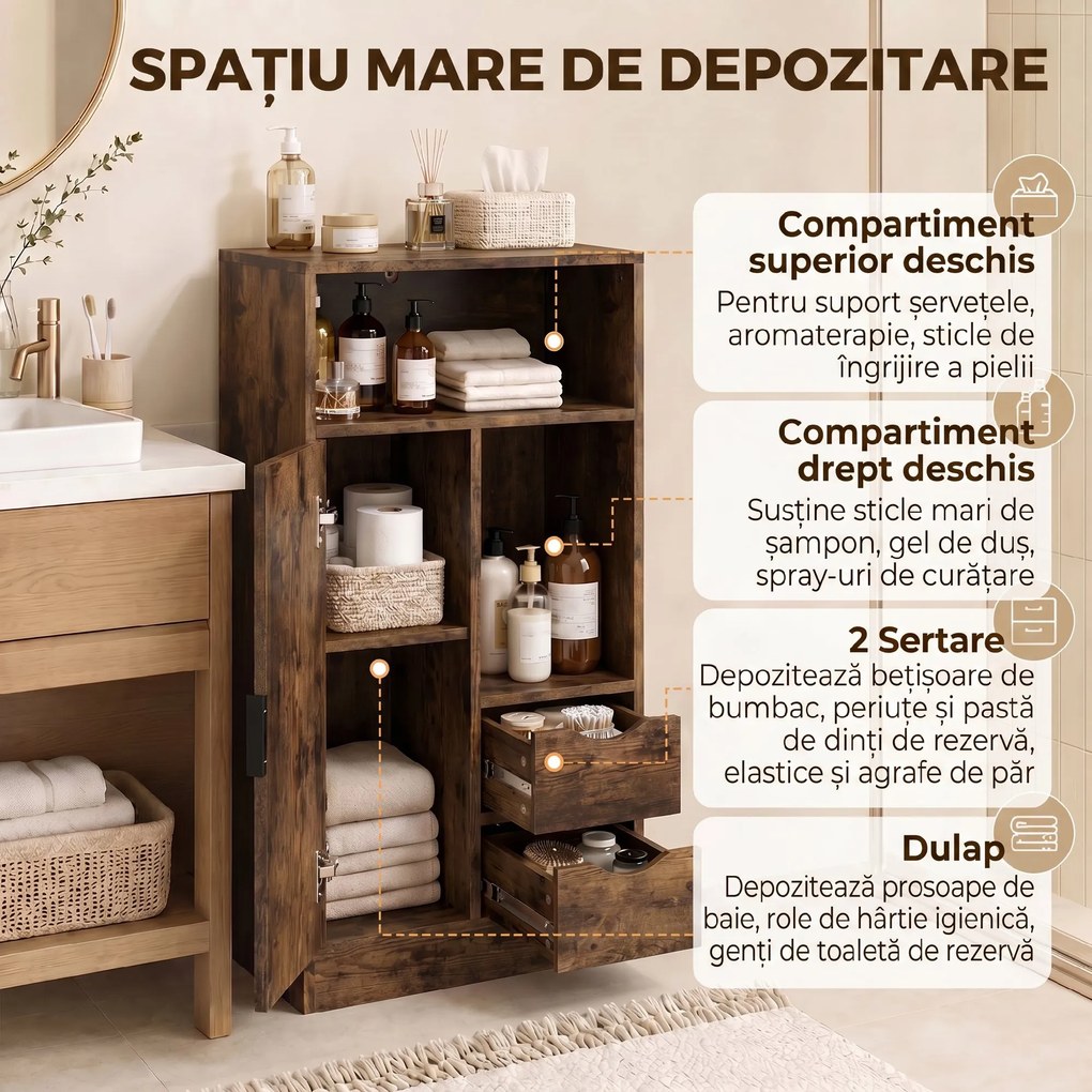 HOMCOM Dulap Baie Îngust cu 2 Sertare și Rafturi Reglabile pentru Bucătărie, Living, Hol, Maro Rustic | Aosom Romania