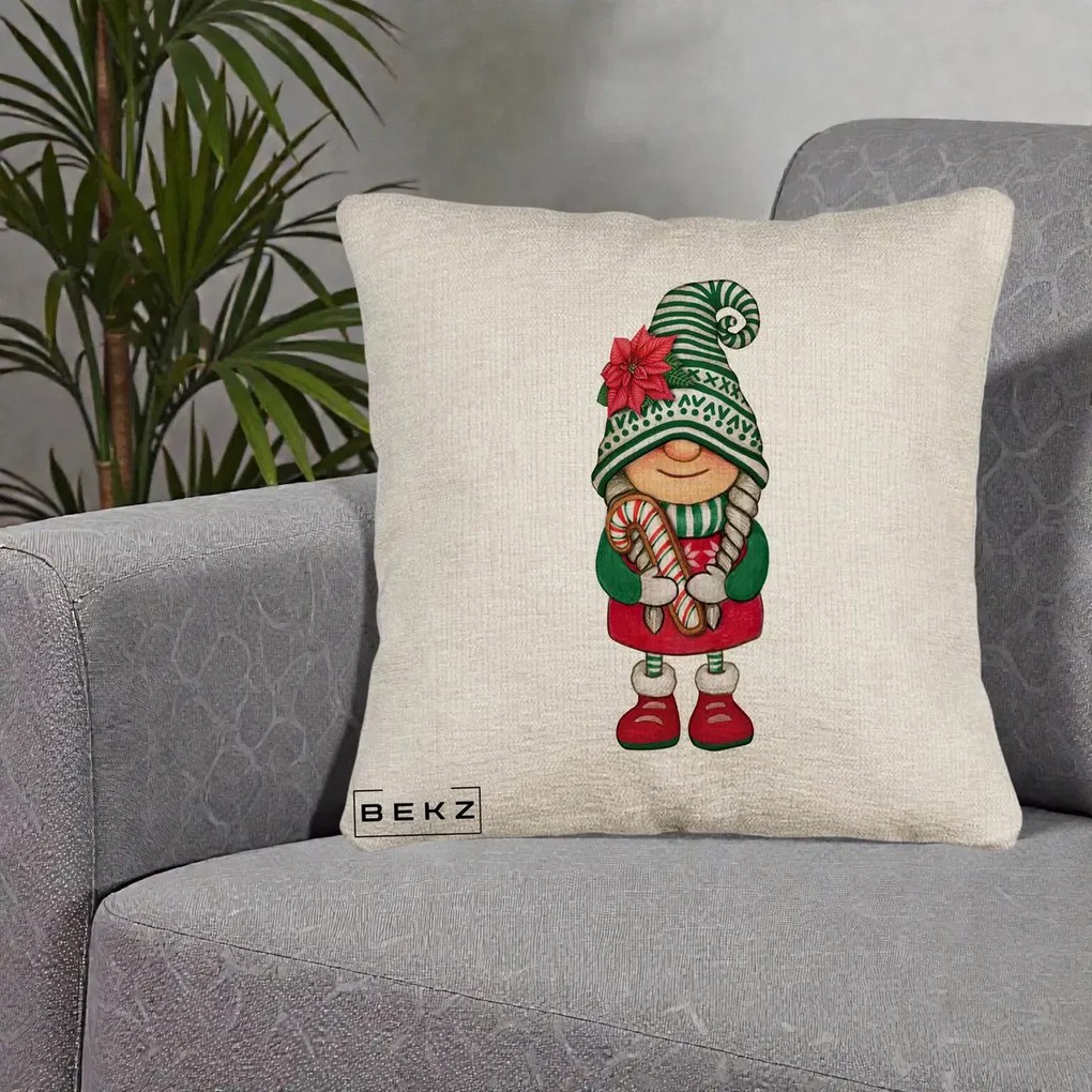 Perna Decorativa Gnom Craciun Verde cu Bomboane si Floare, 40x40 cm, Bej Canapea, Husa Detasabila, Perna Inclusa, BEKZ®