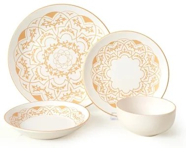 Set veselă 24 piese din ceramică, alb cu accente aurii