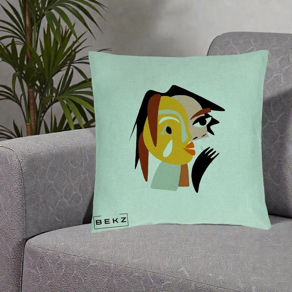 Perna Decorativa Portret Abstract Galben-Ocru, 40x40 cm, Verde Menta, Husa Detasabila, Perna Inclusa, BEKZ®