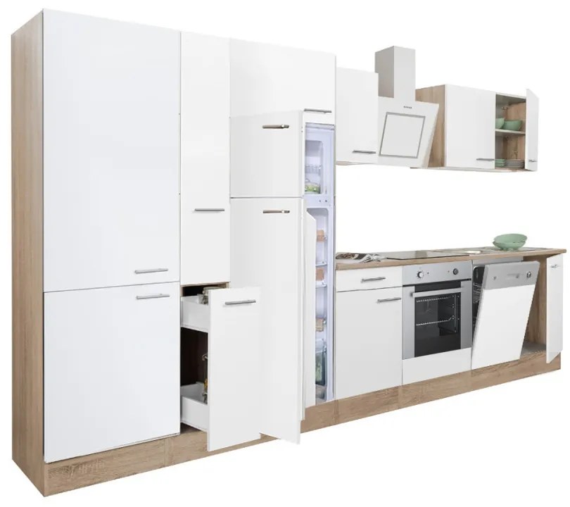Mobilă de bucătărie Yorki 370, corp din stejar sonoma, față alb satinat cu element cuptor inferior, dulap cu rafturi și frigider cu congelator superior.