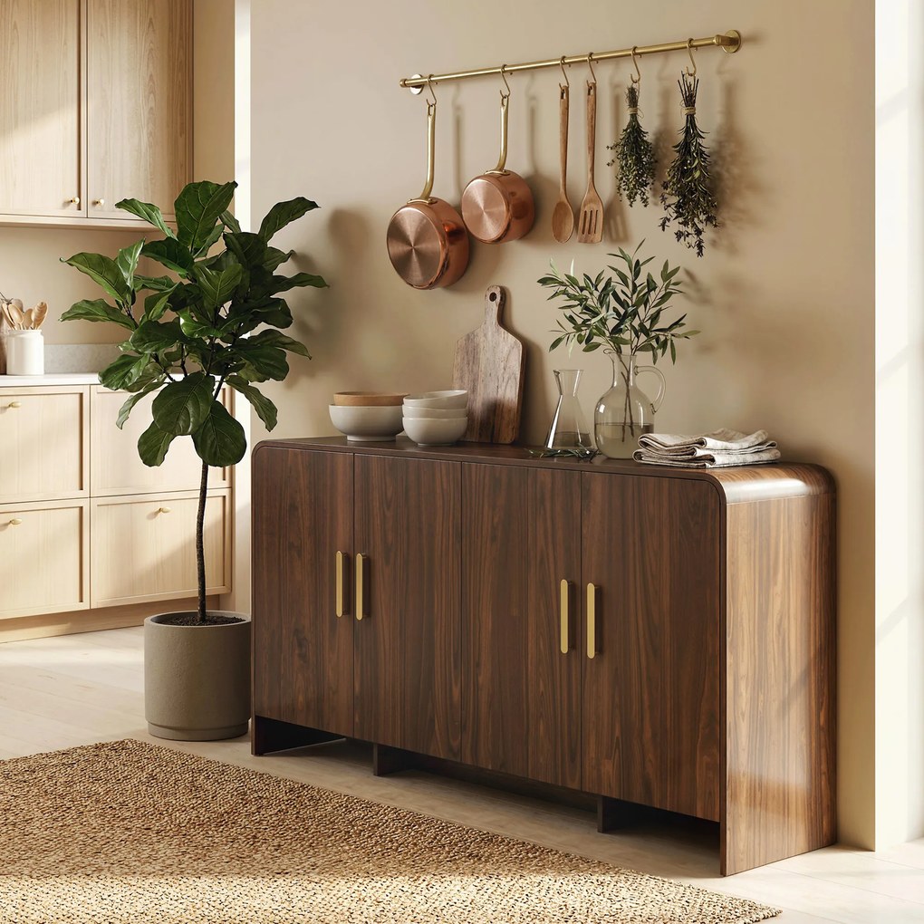 HOMCOM Bufet bucătărie, corp de depozitare cu 4 uși cu închidere amortizată, 4 compartimente și margini rotunjite, 152x40x80 cm, nuc | Aosom Romania