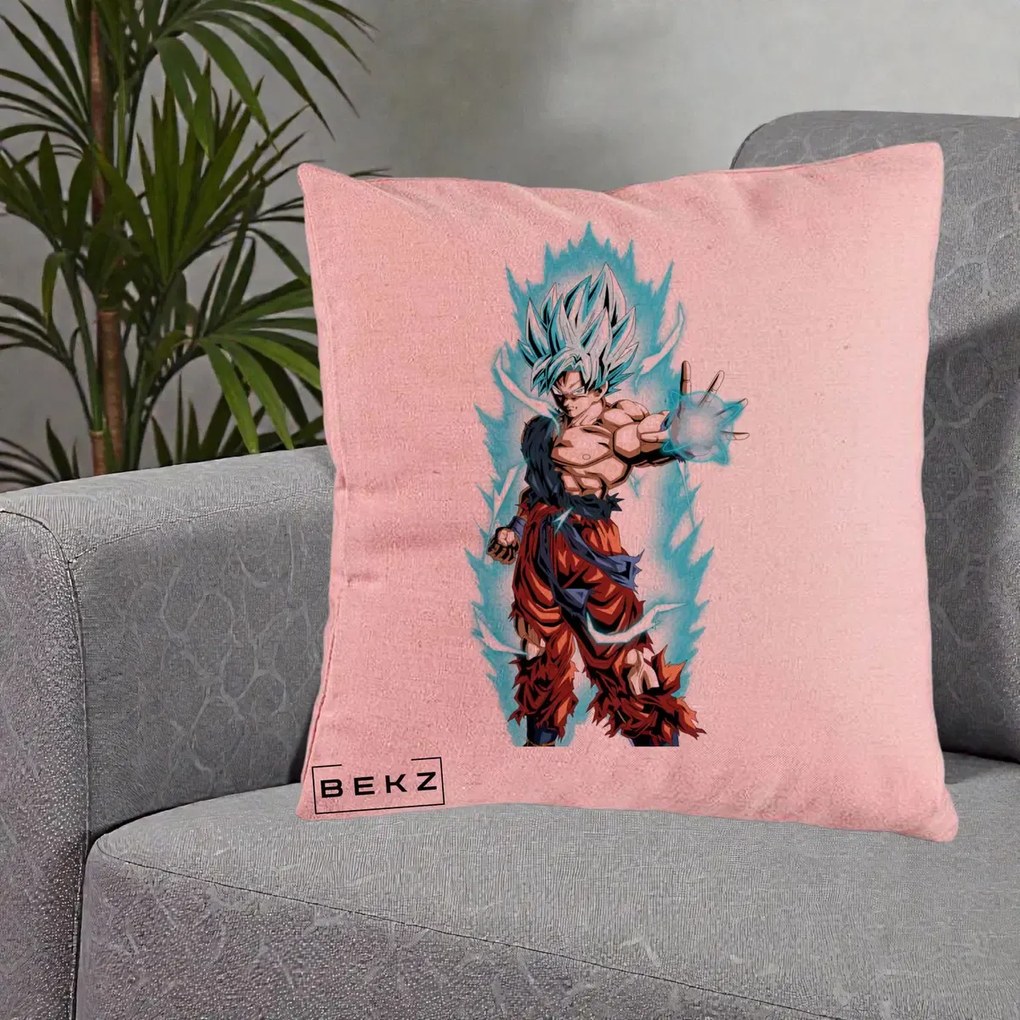 Perna Personalizata Dragon Ball Goku Ultra Instinct Blue, 40x40 cm, Roz, Husa Detasabila, Perna Inclusa, BEKZ®