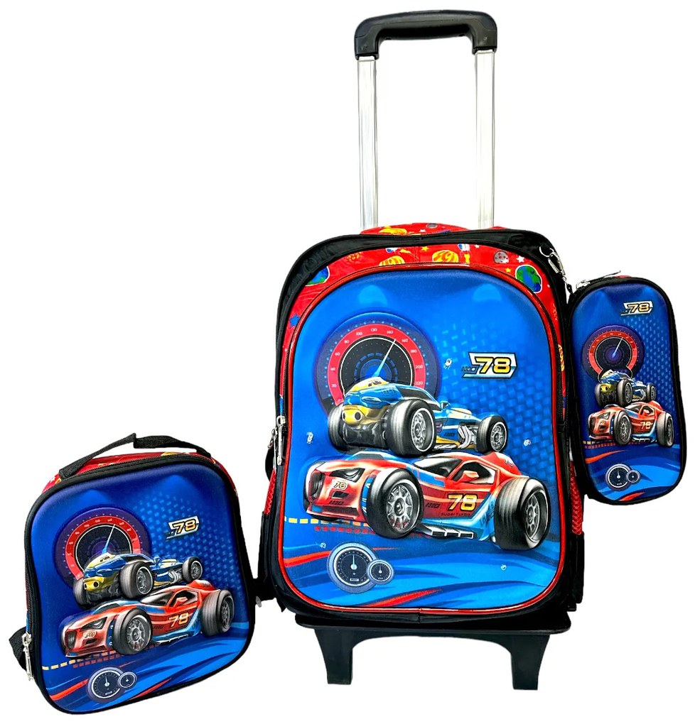 Set 3 piese Ghiozdan pentru scoala cu troler detasabil, cu borseta si penar, 41 x 30 x 23 cm, 3 comp