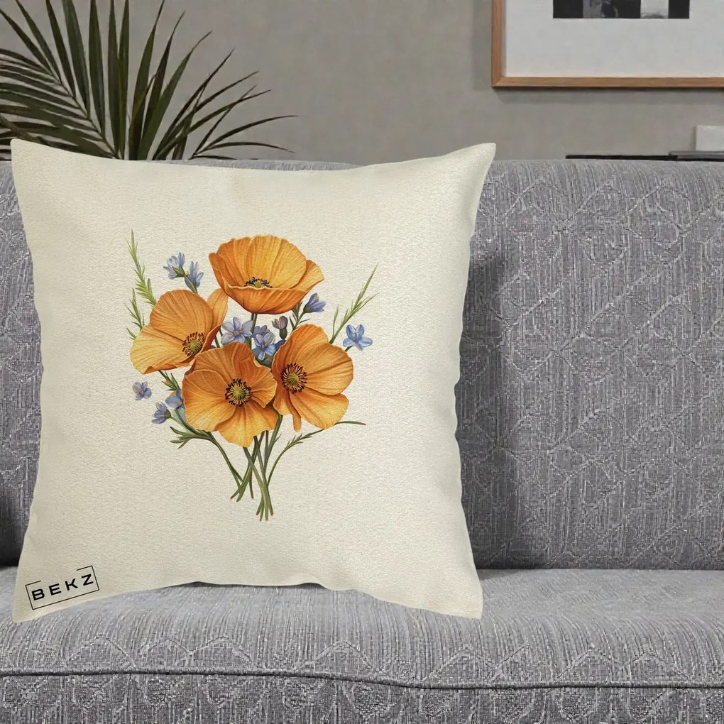 Perna Decorativa Maci Portocalii cu Floricele Albastre, 40x40 cm, Ecru, Husa Detasabila, Perna Inclusa, BEKZ®