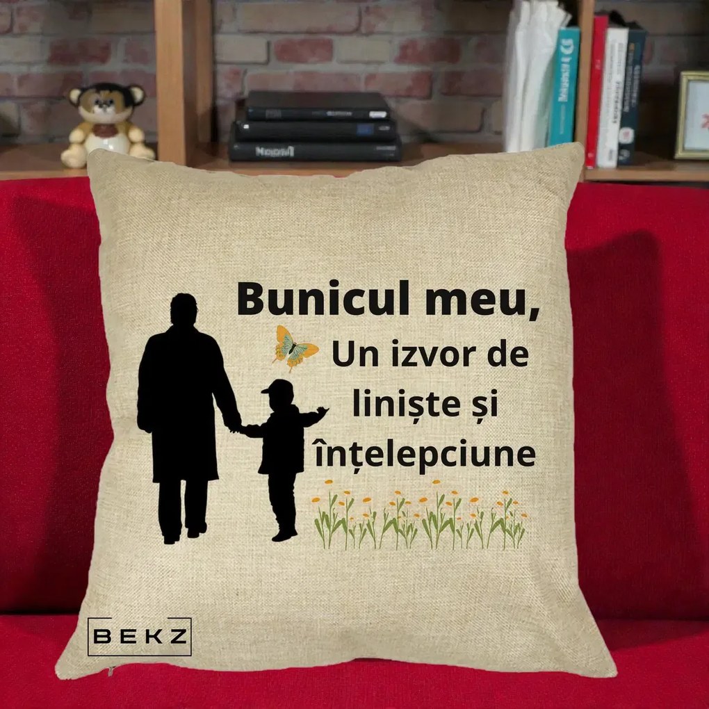 Cadou pentru Bunic - Perna Personalizata Bunicul Meu Izvor de Liniste cu Fluture si Baietel, 40x40 cm, Crem, Husa Detasabila, Perna Inclusa, BEKZ®