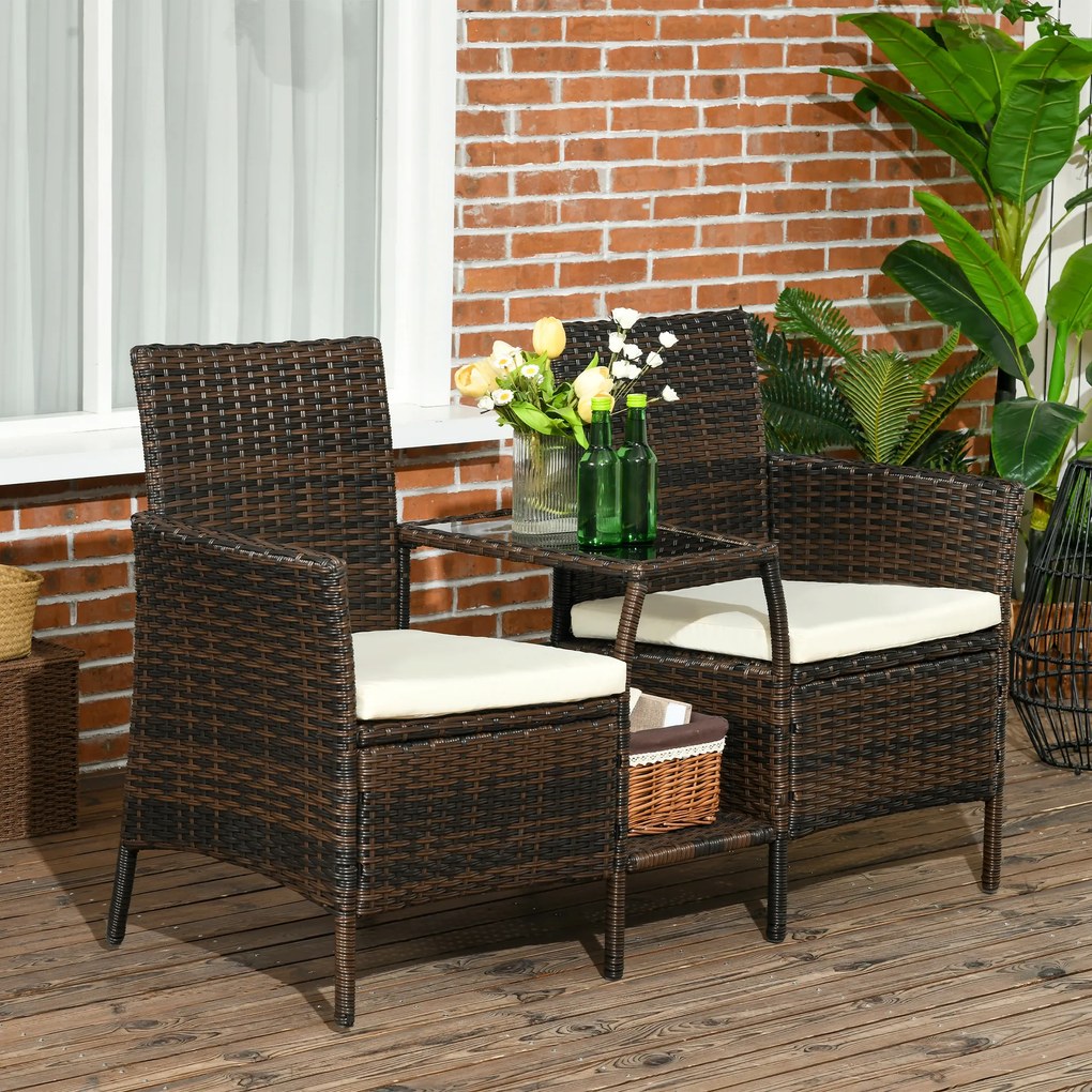 Outsunny Set de 2 Scaune din Ratan cu Măsuță de Ceai, Canapea pentru 2 Persoane pentru Exterior cu Perne, 38x60x87 cm, Maro | Aosom Romania