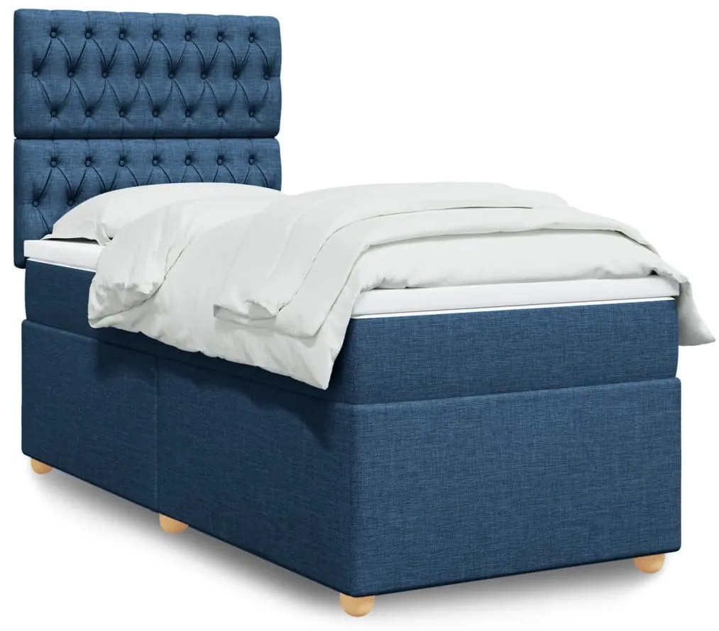 vidaXL Pat box spring cu saltea, albastru, 90x200 cm, textil