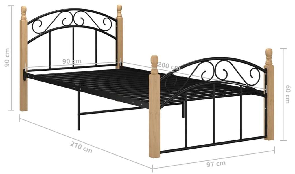Cadru de pat, negru, 90x200 cm, metal si lemn masiv de stejar Maro deschis, 90 x 200 cm