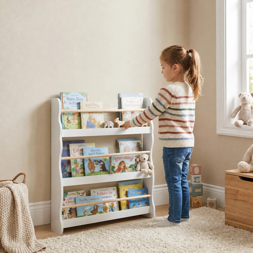 AIYAPLAY Bibliotecă Montessori pentru Copii 3-8 Ani, 3 Rafturi, 60x15x73 cm, pentru Cameră, Alb | Aosom Romania