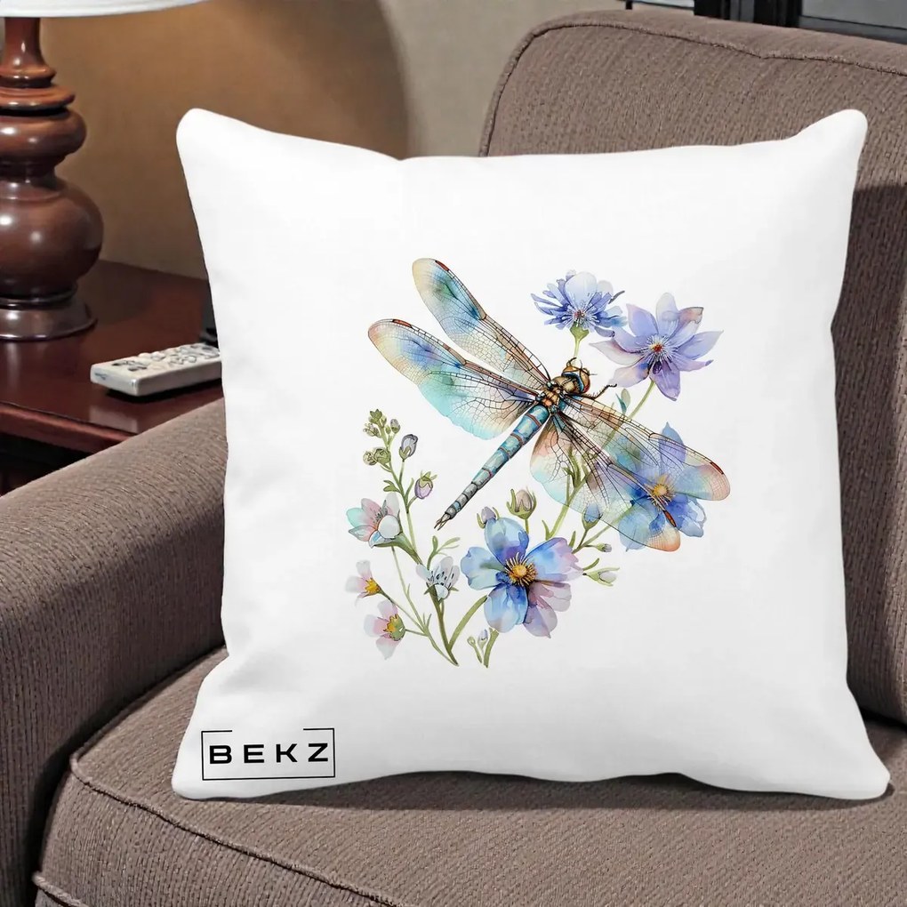 Perna Decorativa Libelula Acuarela Flori Albastre, 40x40 cm, Alba Mata, Husa Detasabila, Perna Inclusa, BEKZ®