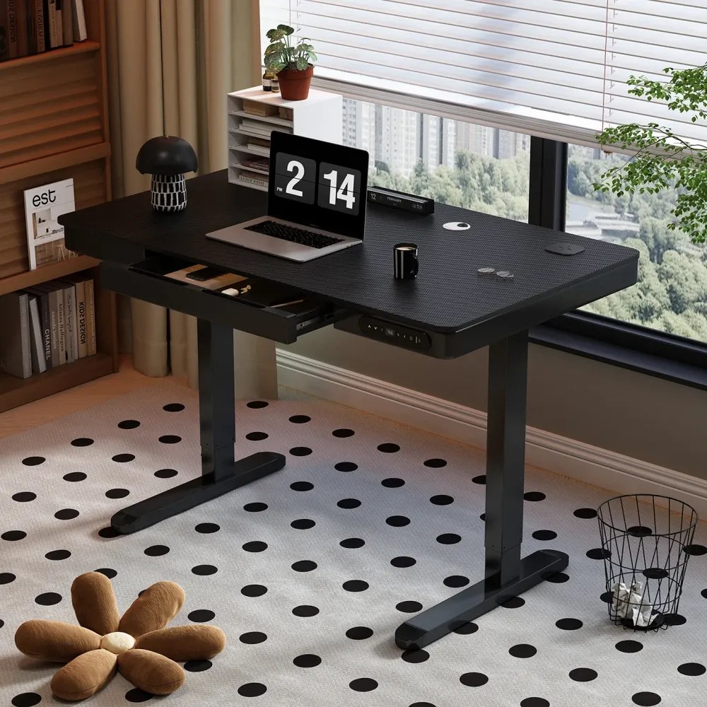 Birou Electric Reglabil pe Înălțime cu Sertar Ascuns, Încărcare Wireless & USB, Senzor de siguranță, 160x60, Negru